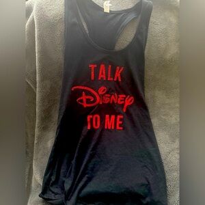 “Talk Disney to me” black racer back tank with red glittery font